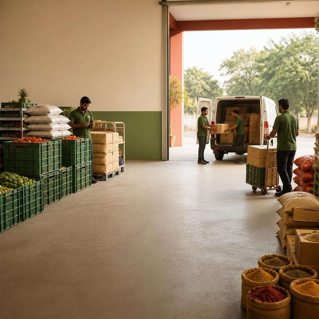 Indian foodservice logistics and warehouse dispatch with reusable crates and cartons