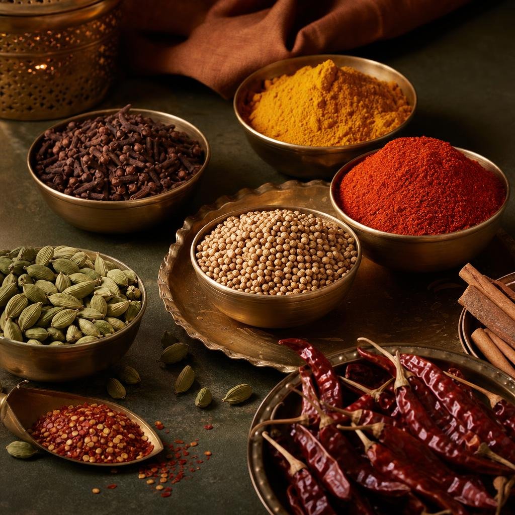 Indian whole spices and ground masalas in brass bowls