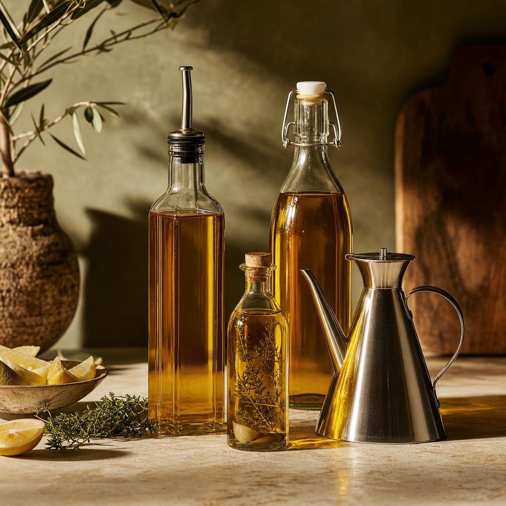 Cooking oils and stainless pouring jug for a professional kitchen